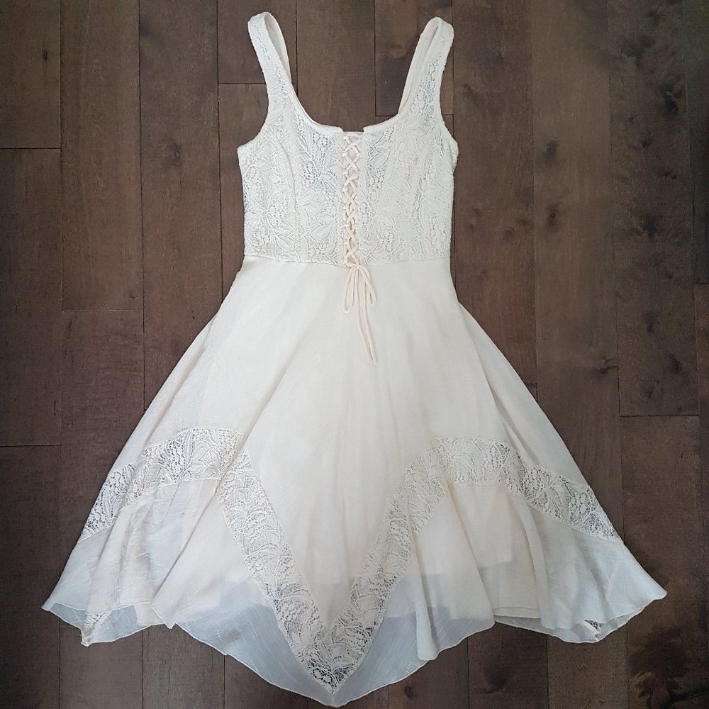 J Gee Ivory Lace-Up Asymmetrical Tiered Lace Sleeveless Woven Midi Dress, Sz PS